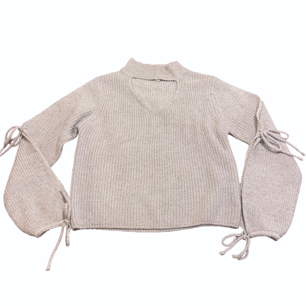 Woven Heart Ribbed Knit Chest‎ & Sleeve Cutout w Ties Sweater